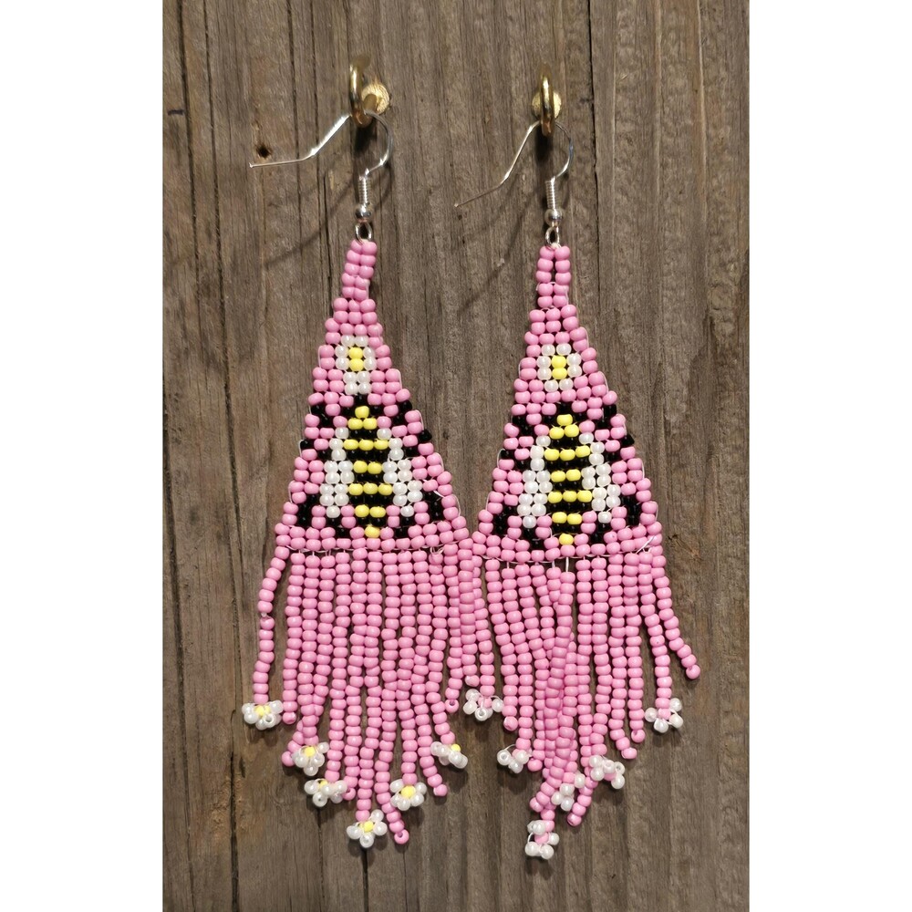 Handmade Beaded Bee Drop Dangle Earrings, Pink and Yellow Statement Earrings